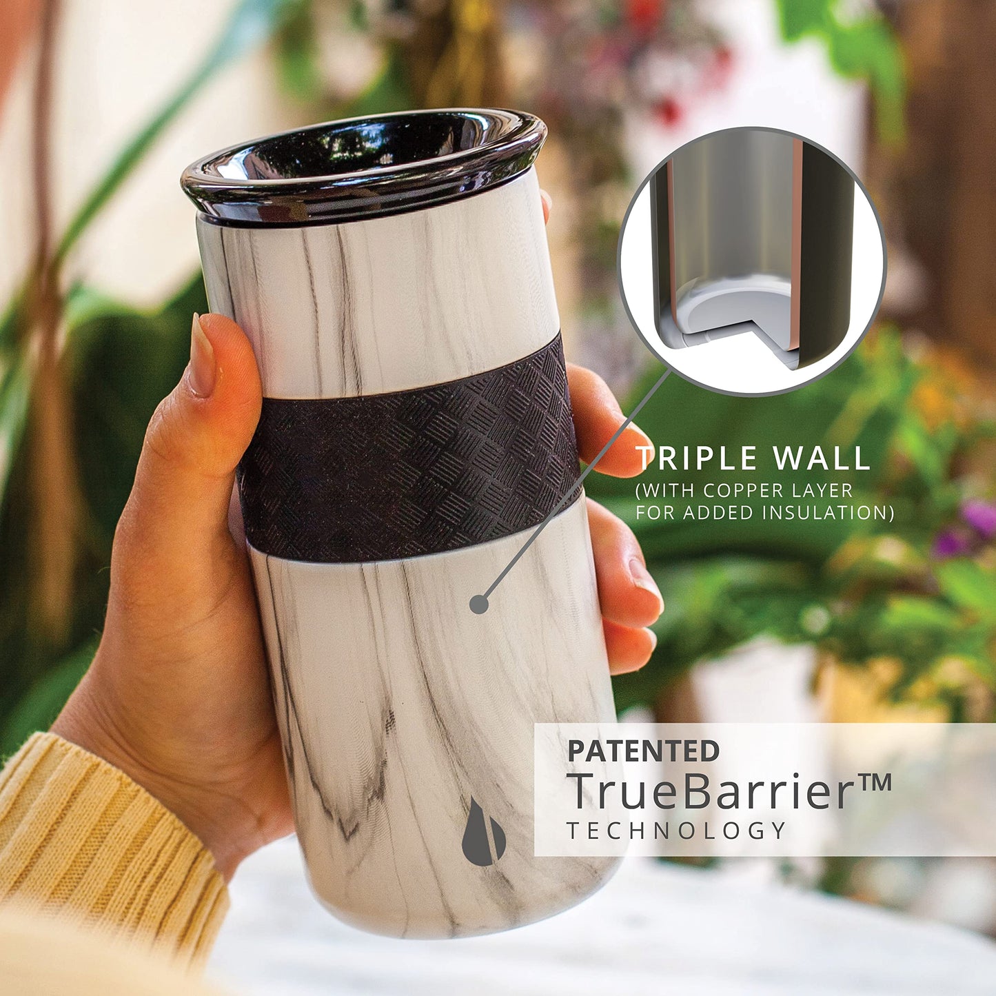 Elemental Artisan Insulated Tumbler, Triple Wall Coffee Travel Tumbler, Reusable Stainless Steel Coffee Tumbler with Ceramic Lid, Thermal Coffee Cup for Hot (6 Hrs) & Cold (18 Hrs) 16oz - White Marble