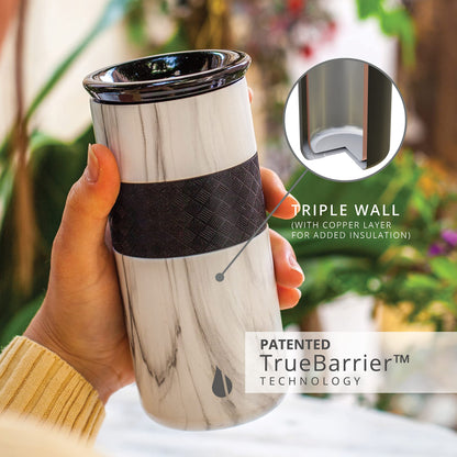 Elemental Artisan Insulated Tumbler, Triple Wall Coffee Travel Tumbler, Reusable Stainless Steel Coffee Tumbler with Ceramic Lid, Thermal Coffee Cup for Hot (6 Hrs) & Cold (18 Hrs) 16oz - White Marble