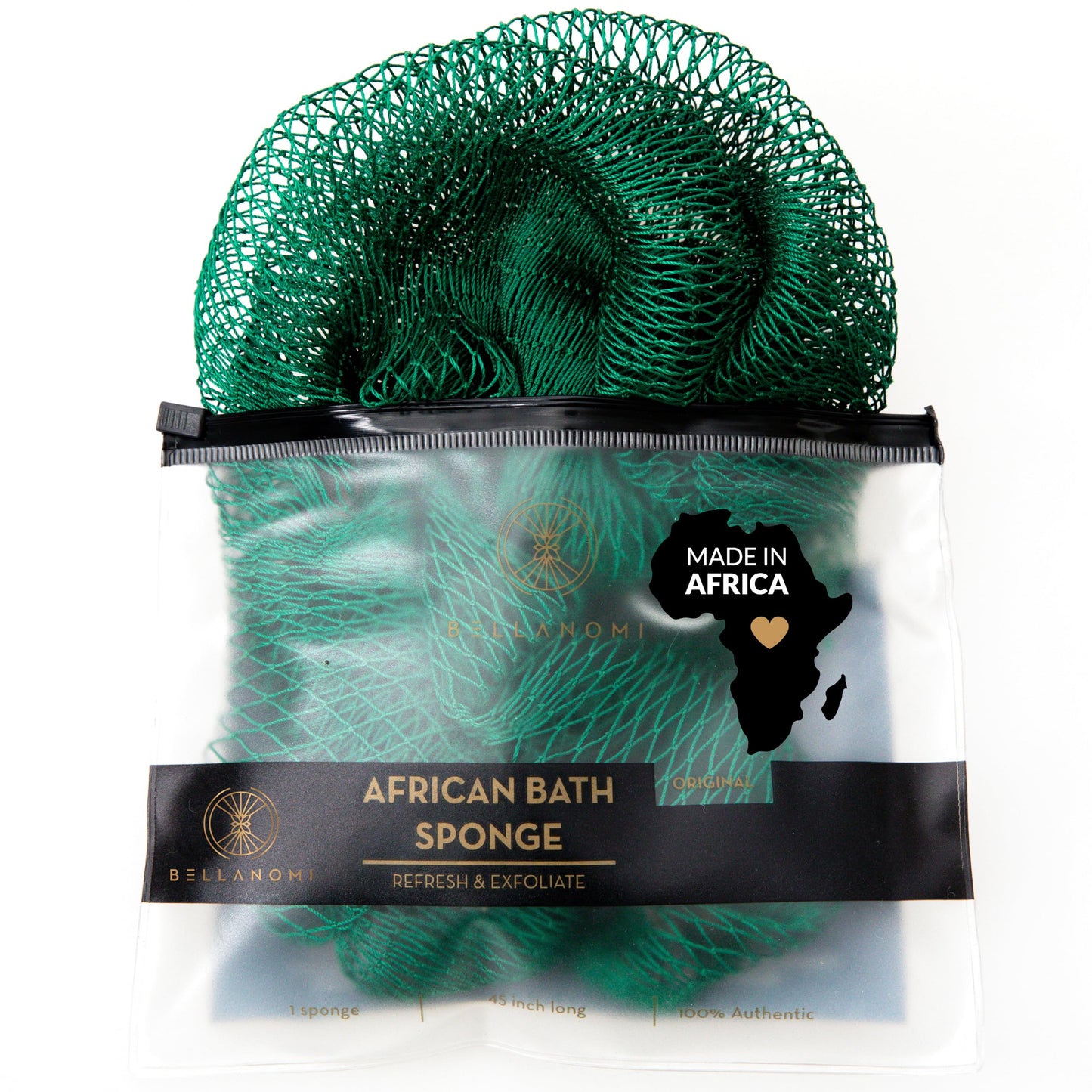 Bellanomi African Exfoliating Net Sponge, Authentic, Ethically sourced from Nigeria, 45 inches Long, Back Scrubber for Daily use (Emerald Green)