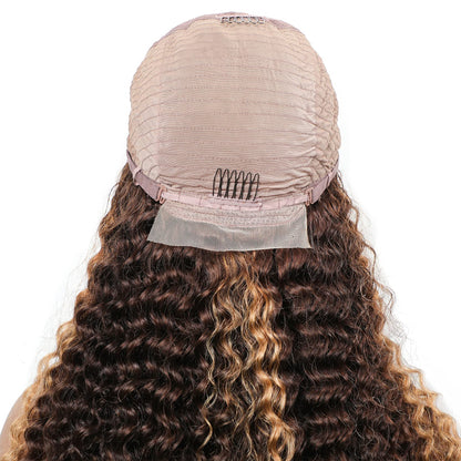 BLY Highlight Human Hair Lace Front Wigs Deep Wave #4/27 Ombre Colored Glueless Wigs Pre Plucked 20 Inch 4x4 Transparent Curly Water Wave Lace Wig Honey Blonde Real Human Hair 180% Density