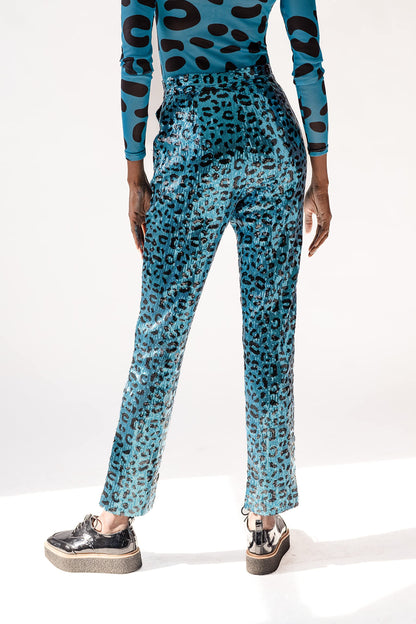 Pantora Women's Stacy Sequin Pant, Blue Leopard, Large