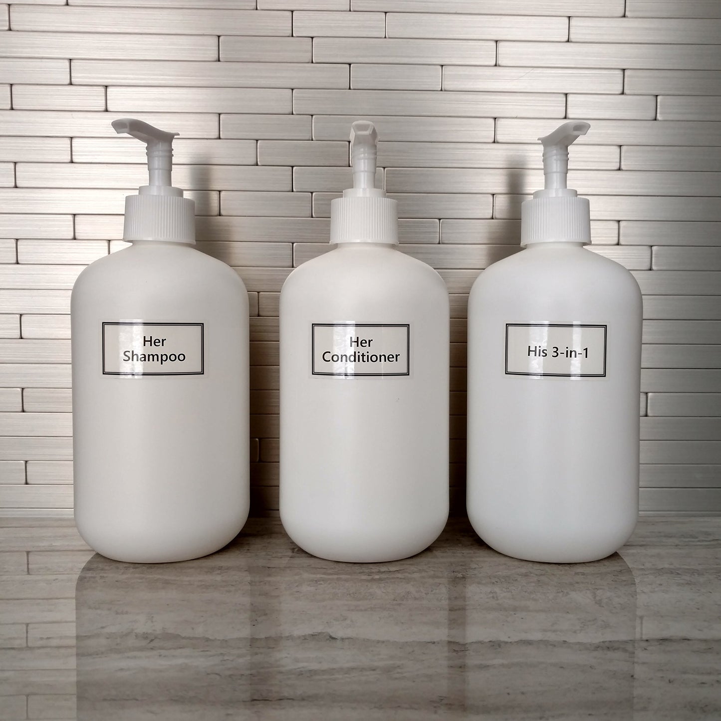 Artanis Home Plastic Bottles Including White Pumps and Customized Waterproof Labels, 16 oz. Squat Boston Round 3-Pack, White