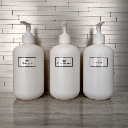 Artanis Home Plastic Bottles Including White Pumps and Customized Waterproof Labels, 16 oz. Squat Boston Round 3-Pack, White