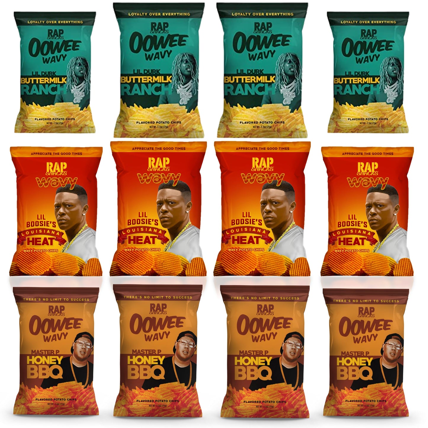 Rap Snacks Lil Durk, Master P and Boosie Buttermilk Ranch, Honey BBQ, and Louisiana Heat Wavy Chips Variety - Pack of 12