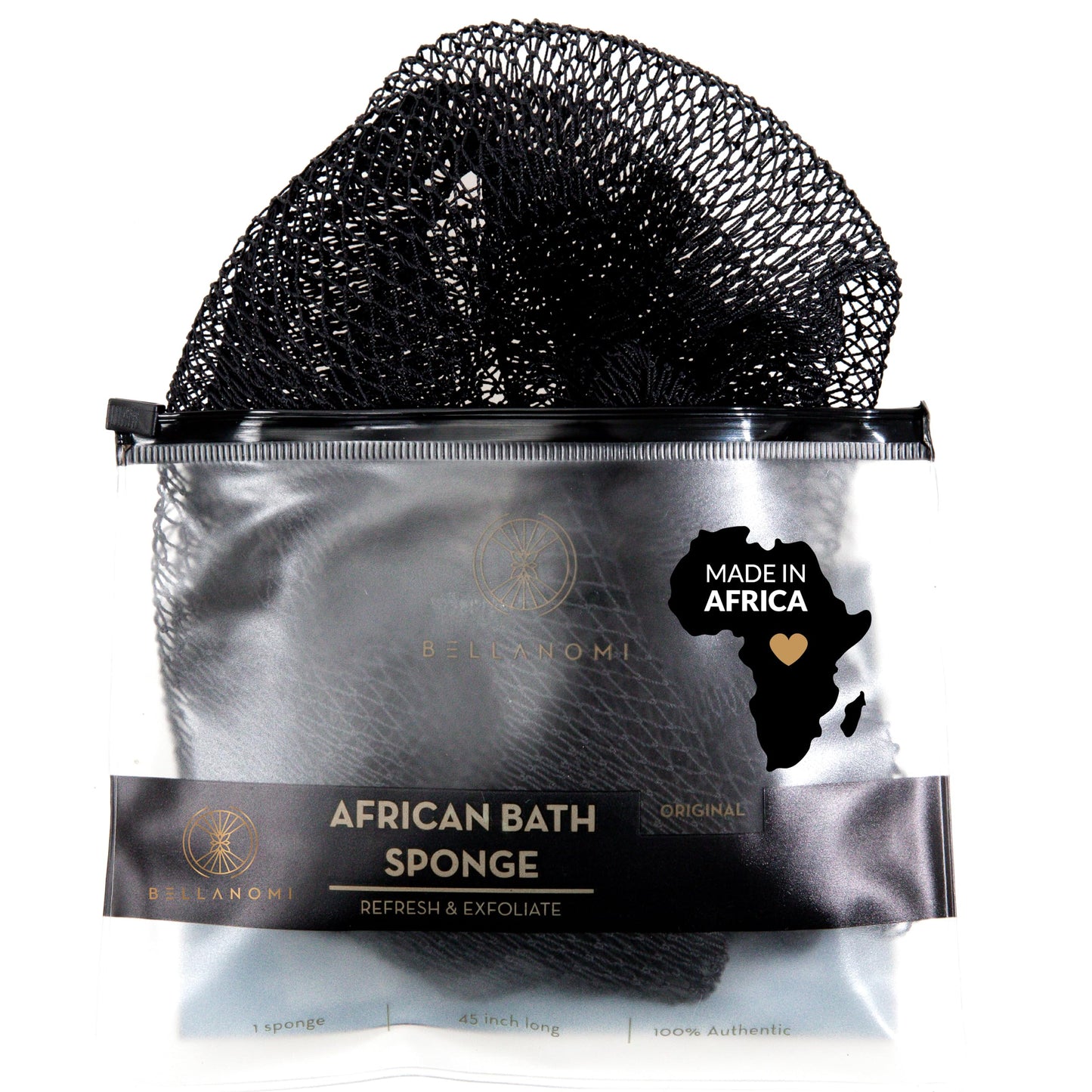 BELLANOMI African Exfoliating Net Sponge, Authentic, Ethically sourced from Nigeria, 45 inches Long, Back Scrubber for Daily use (Black)