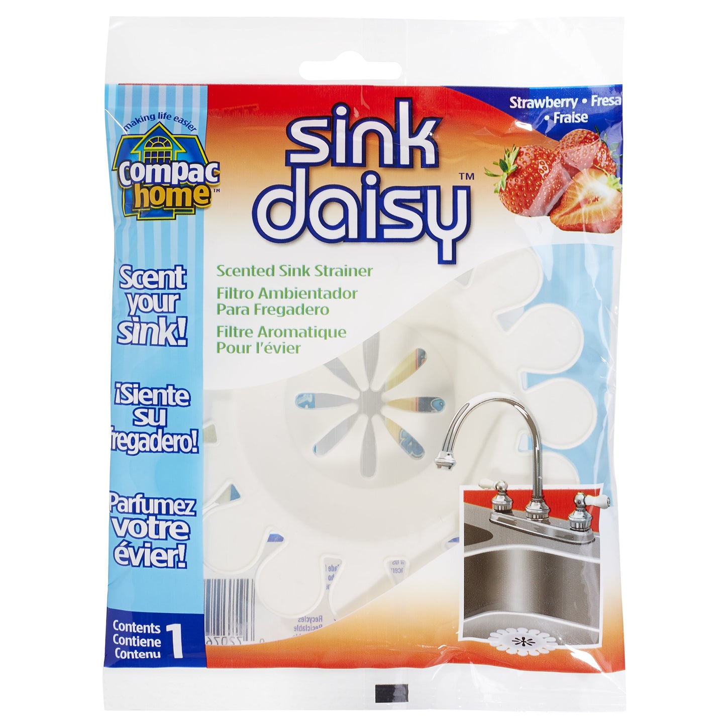 COMPAC HOME Sink Daisy Scented Kitchen Sink Strainer infuses & Freshens Your Sink, Must Have Kitchen Sink Accessories, Sink Drain Strainer - Catcher, White, Strawberry Scent, 6 Count, (3 Packs of 2)