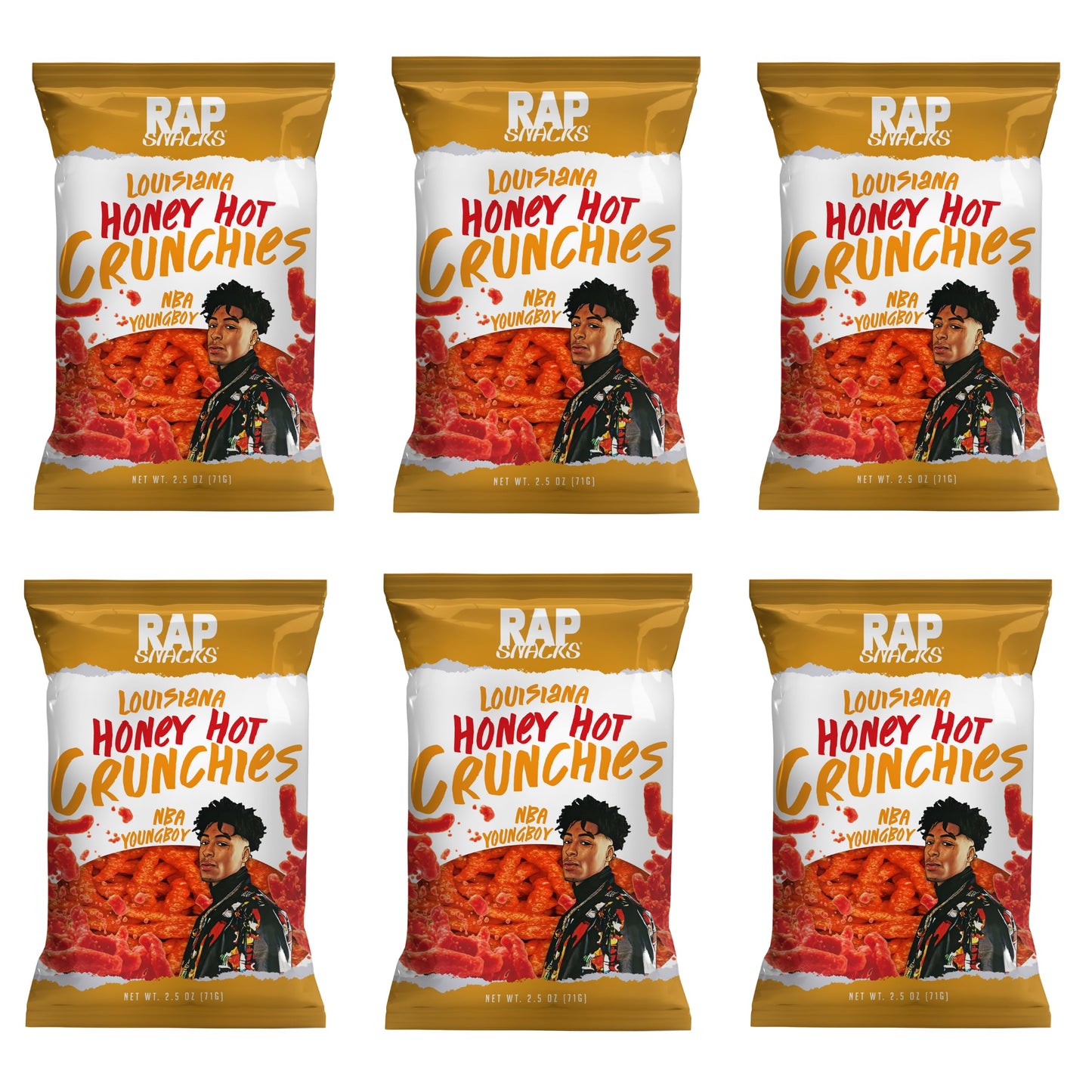 Rap Snacks YoungBoy Never Broke Again Louisiana Honey Hot Crunchies 3.5 Oz Bags - Pack of 6