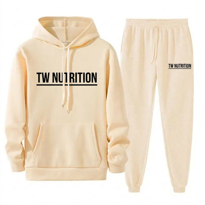 TW Nutrition Men's Jogging Tracksuit Hoodie & Pants Set Beige w/ Black logo Medium (M)