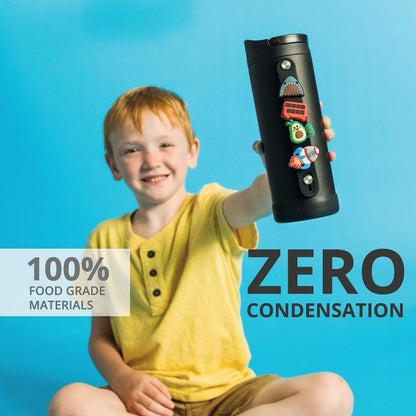 Elemental Iconic Kids Water Bottle with Straw Lid & Charms Strap, Leak-Proof When Closed, Triple Insulated Stainless Steel Reusable Thermos Water Bottle - 14oz, Black