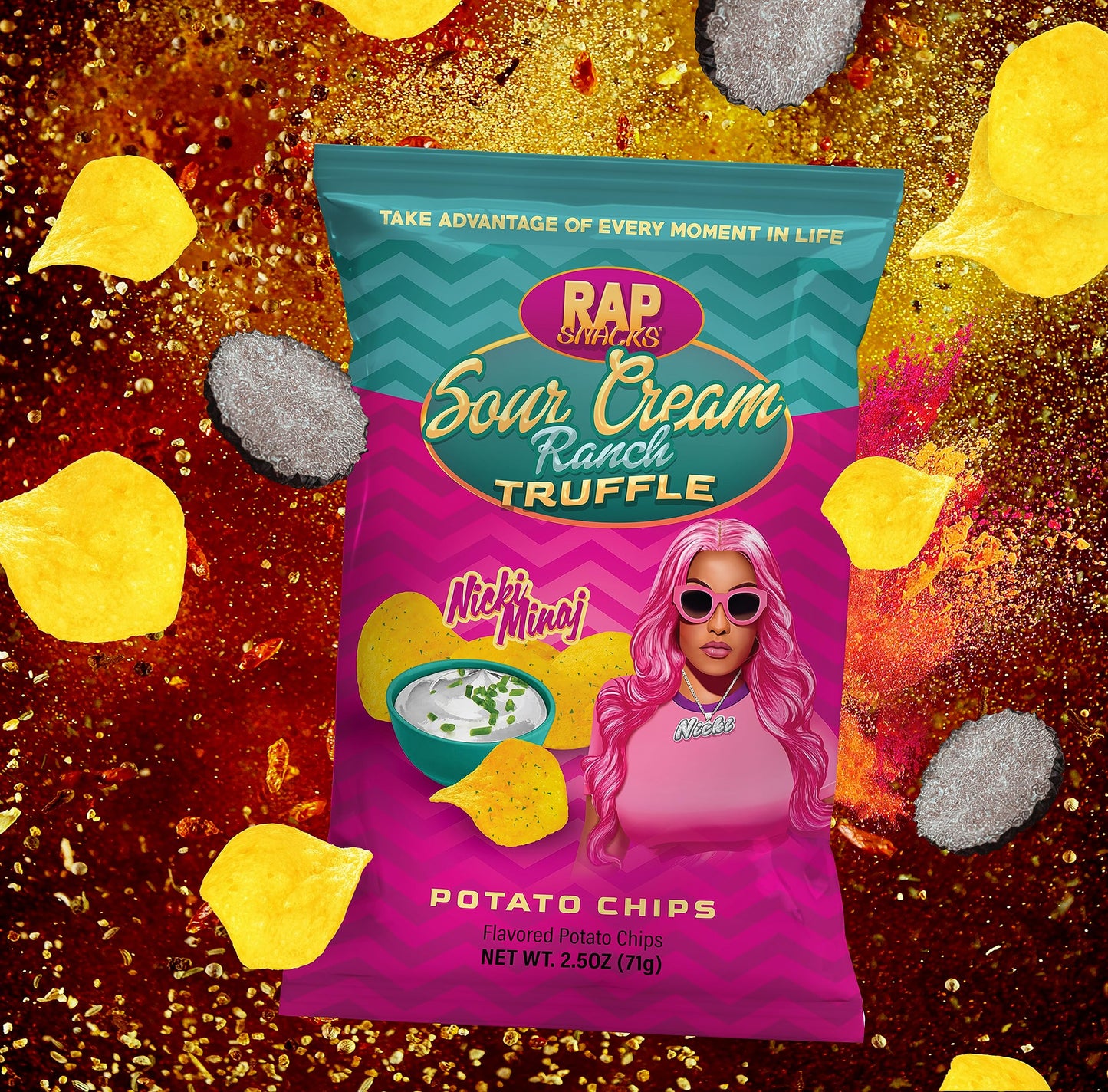 Rap Snacks Nicki Minaj Sour Cream and Truffle, Honey BBQ Truffle, and Salt and Vinegar Truffle Chips Variety - Pack of 12