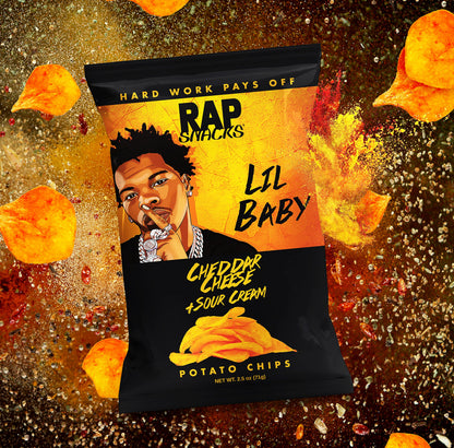 Rap Snacks Lil Baby Cheddar and Sour Cream, Bar-B-Quin' With My Honey Heat and All In Hot-Variety Pack of 6