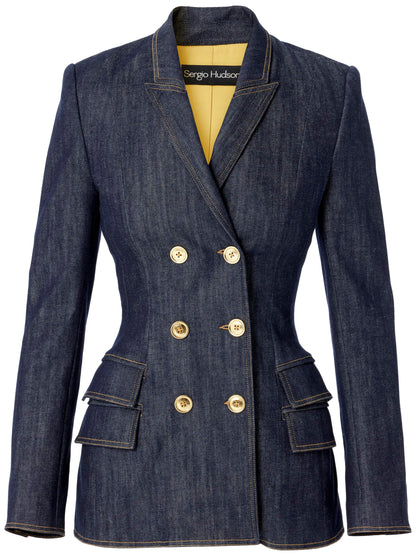 Sergio Hudson, Fitted Double Breast Jacket, 2, Dark Wash Denim