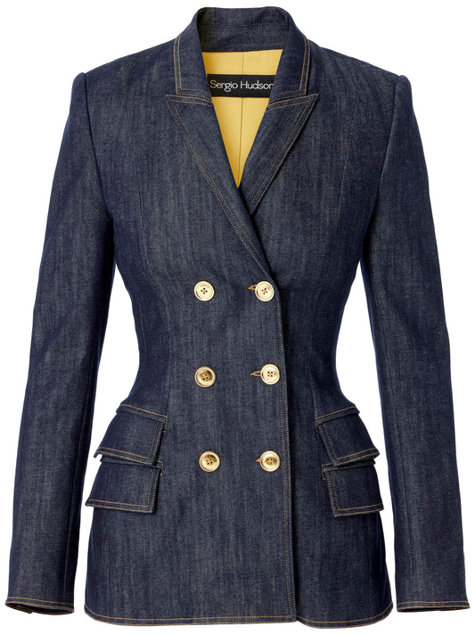 Sergio Hudson, Fitted Double Breast Jacket, 2, Dark Wash Denim