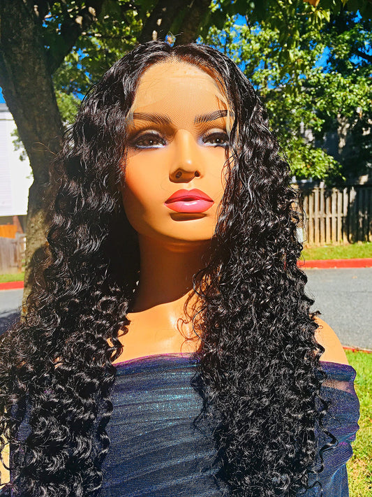 2Chique Boutique Human Hair Wig 13x4 Transparent Lace Wig Natural Color 1B Deep Wave 20 inches 180% Density