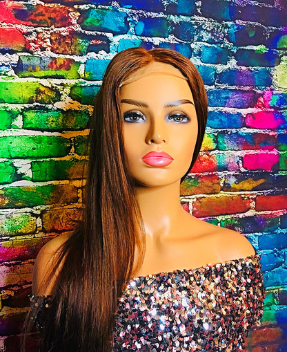 2Chique Boutique Human Hair Wig 4x4 Transparent Lace Wig Color 4 Chestnut Brown Silky Straight 28 inches