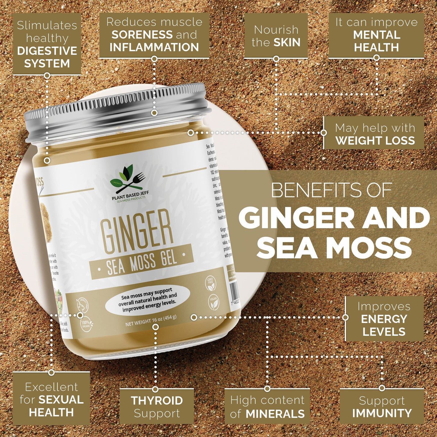 Plant Based Jeff Organic Sea Moss Gel Supplement with Ginger, 16 oz., Natural Wildcrafted Superfood, Immune Defense and Digestive Support, Non-GMO, Vegan and Keto