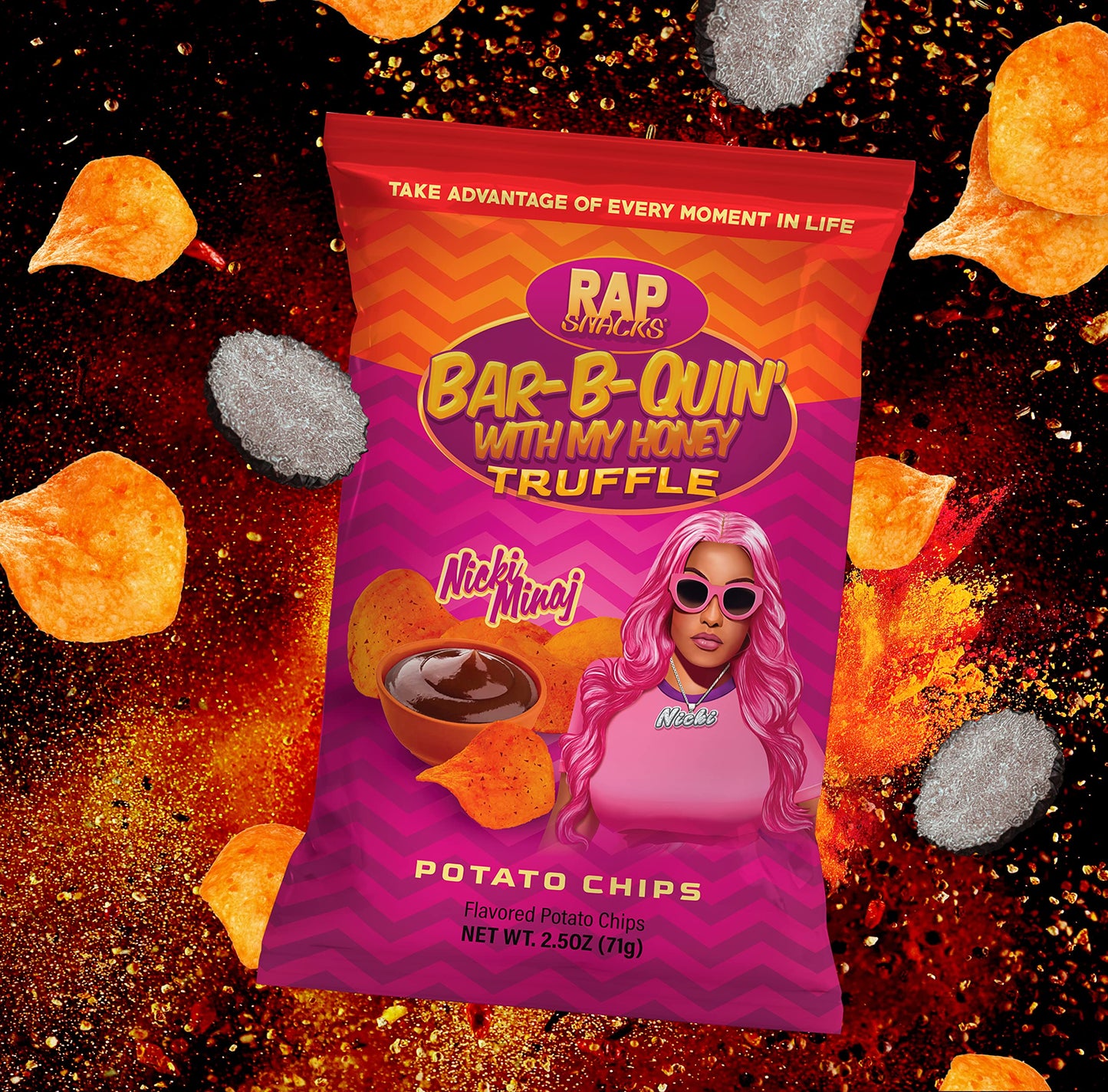 Rap Snacks Master P, Lil Baby, and Nicki Minaj, Honey BBQ, BBQ Honey Heat, Cheddar BBQ, and Honey BBQ Truffle Chips Variety - Pack of 12