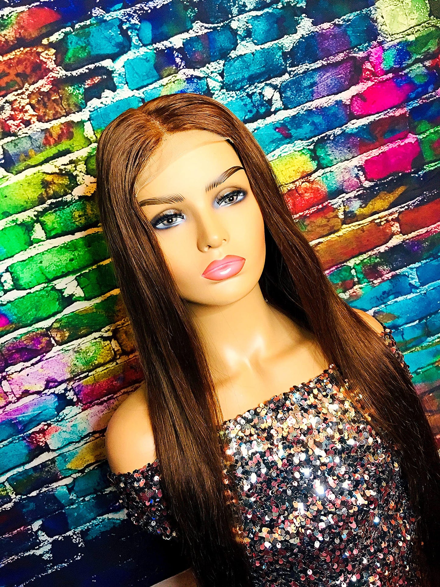 2Chique Boutique Human Hair Wig 4x4 Transparent Lace Wig Color 4 Chestnut Brown Silky Straight 28 inches