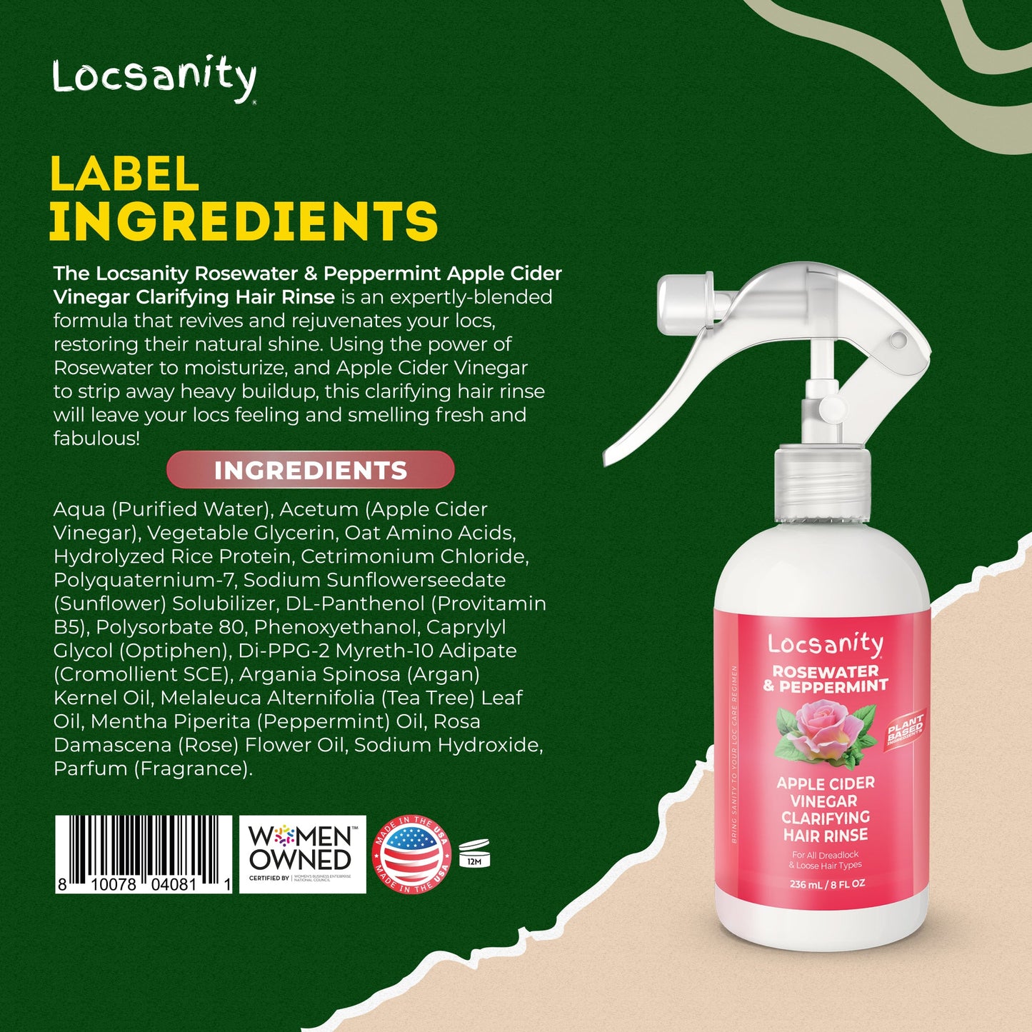 Locsanity Rosewater Peppermint Apple Cider Vinegar Clarifying Hair Rinse Detox 8oz