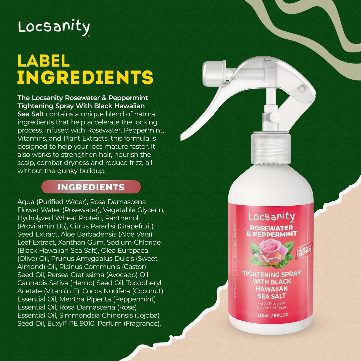 Locsanity Rosewater and Peppermint Rolling, Moisturizing, Tightening Spray Mist w/ Black Hawaiian Sea Salt