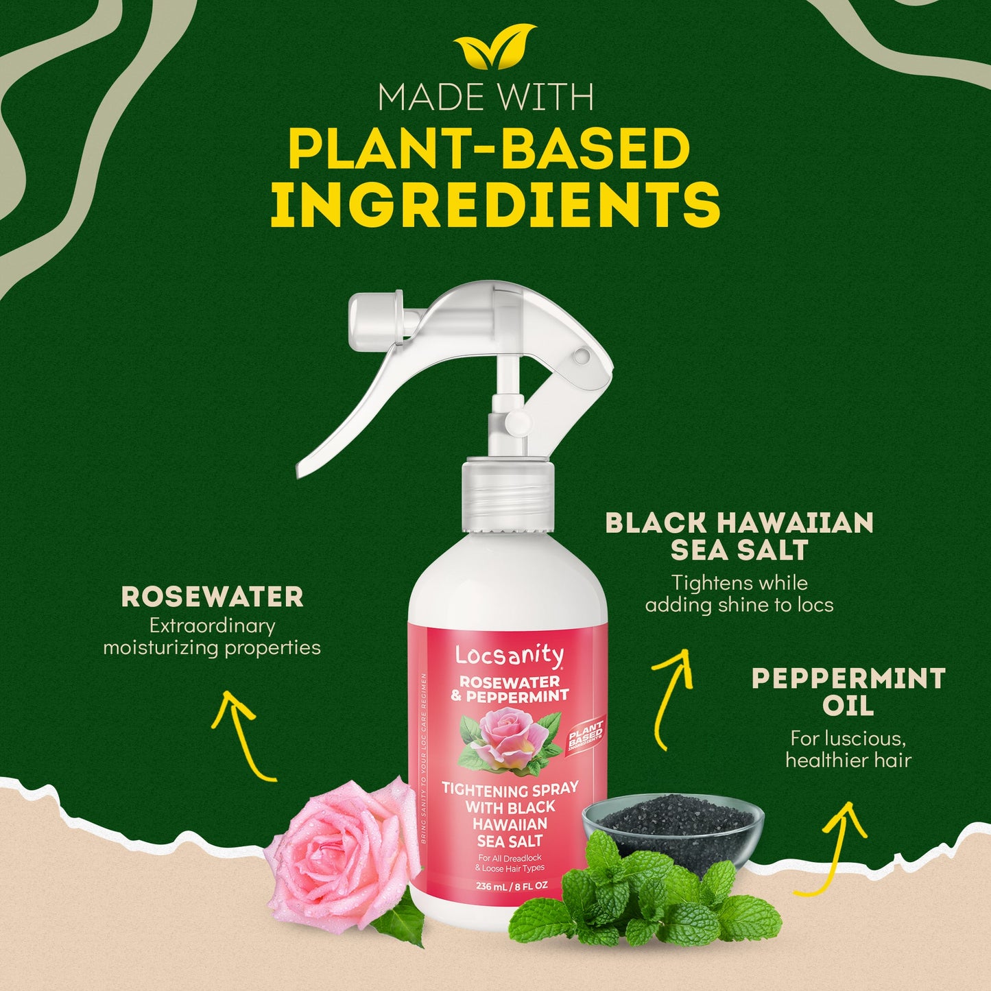 Locsanity Rosewater and Peppermint Rolling, Moisturizing, Tightening Spray Mist w/ Black Hawaiian Sea Salt
