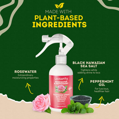 Locsanity Rosewater and Peppermint Rolling, Moisturizing, Tightening Spray Mist w/ Black Hawaiian Sea Salt