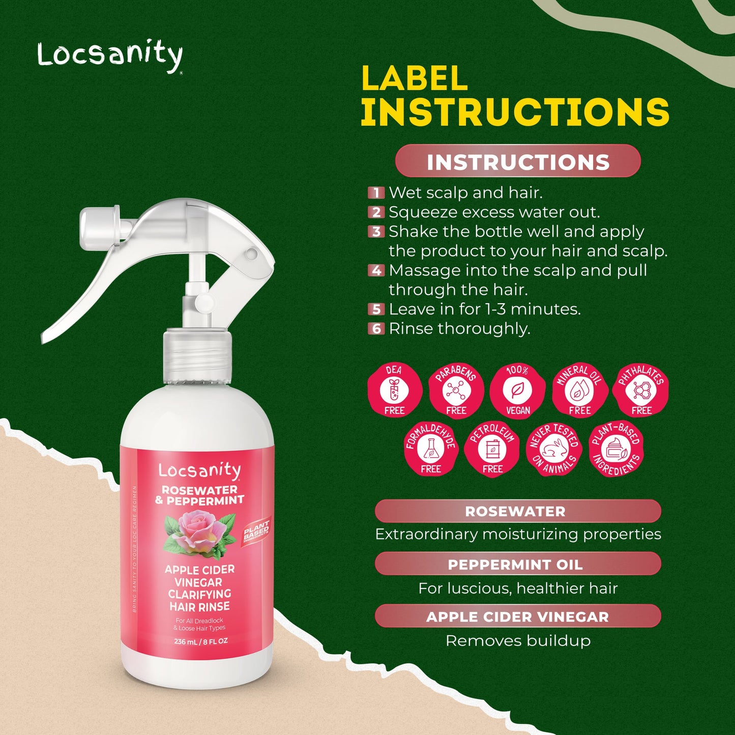 Locsanity Rosewater Peppermint Apple Cider Vinegar Clarifying Hair Rinse Detox 8oz