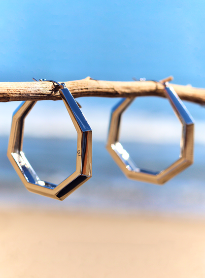 Octagon Hoop Earrings Large Silver