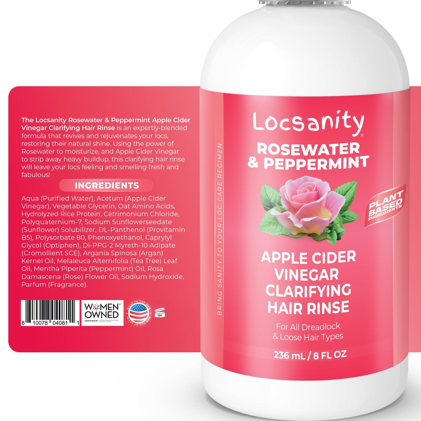 Locsanity Rosewater Peppermint Apple Cider Vinegar Clarifying Hair Rinse Detox 8oz