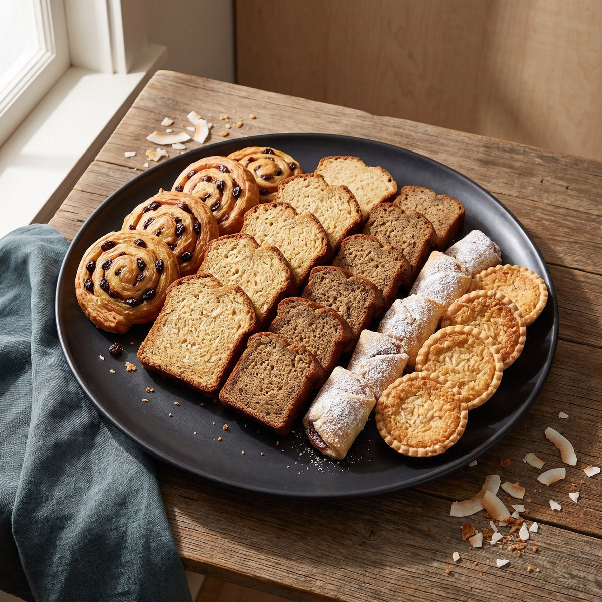 Caribbean pastry tray with sweet bread, banana bread and coconut pastries