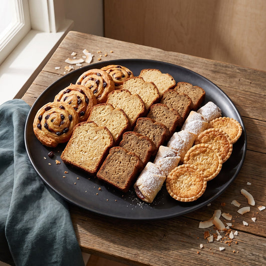 Caribbean pastry tray with sweet bread, banana bread and coconut pastries