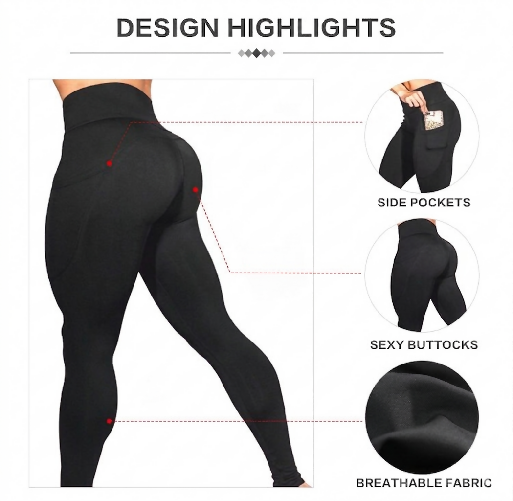 TW Nutrition ActiveFit Leggings with Pockets Womens Yoga Pants Black Medium (M)