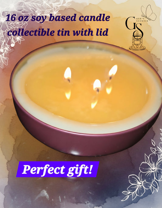 16 oz Soy Blend Scented in a Reusable Tin Container with Lid.