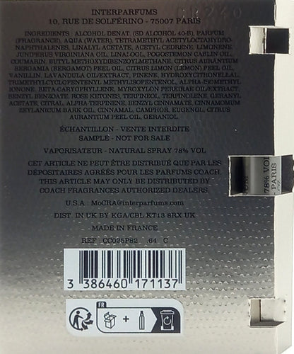 COACH PURE PLATINUM PARFUM VIAL SPRAY FOR MEN 0.04 Oz / 1.2 ml NEW TRAVEL SIZE!