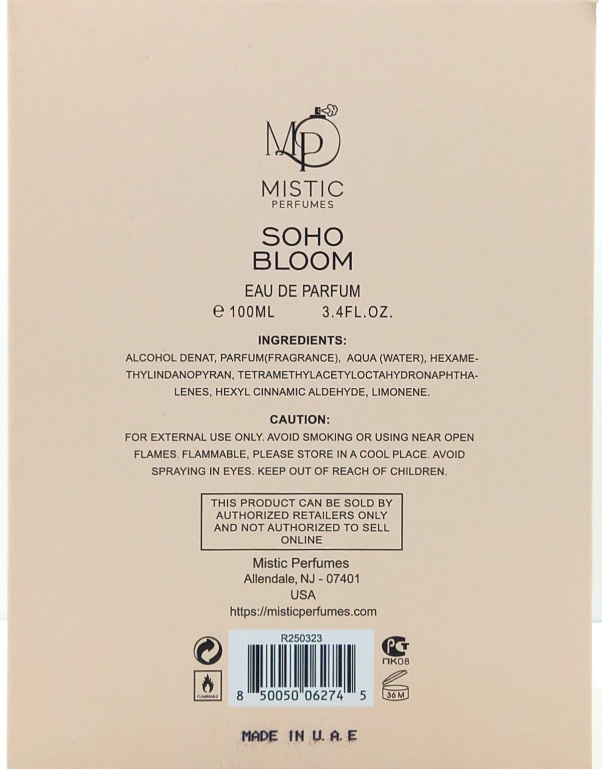 MISTIC PERFUME SOHO BLOOM EAU DE PARFUM SPRAY FOR WOMEN 3.4 Oz / 100 ml NEW!!!