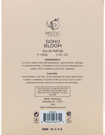 MISTIC PERFUME SOHO BLOOM EAU DE PARFUM SPRAY FOR WOMEN 3.4 Oz / 100 ml NEW!!!