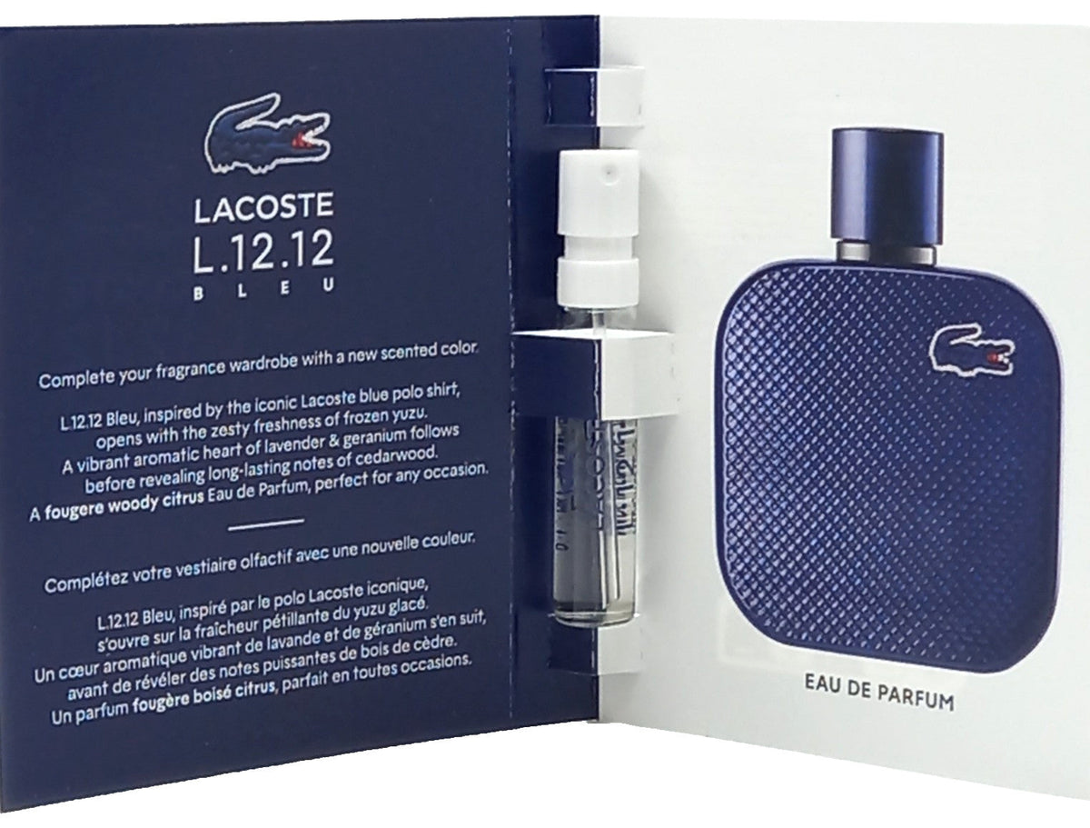 LACOSTE L.12.12 BLEU EAU DE PARFUM VIAL SPRAY FOR MEN 0.06 Oz / 2 ml TRAVEL SIZE