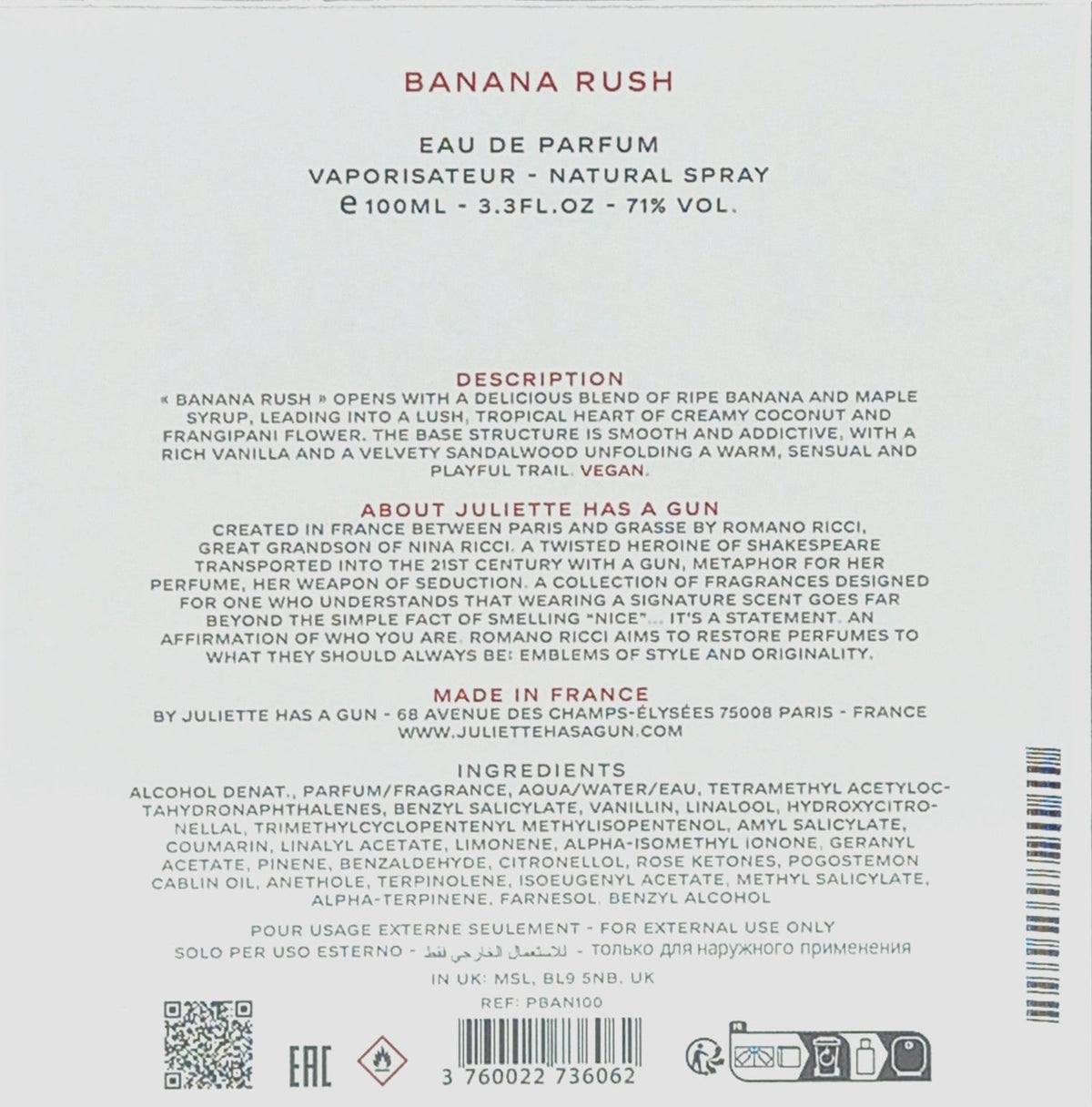 JULIETTE HAS A GUN BANANA RUSH EAU DE PARFUM SPRAY FOR WOMEN 3.3 Oz / 100 ml NEW