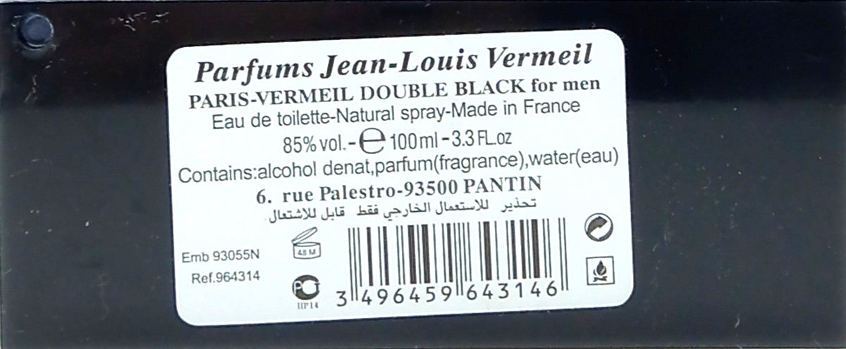 JEAN-LOUIS VERMEIL DOUBLE BLACK EAU DE TOILETTE SPRAY FOR MEN 3.3 Oz / 100 ml