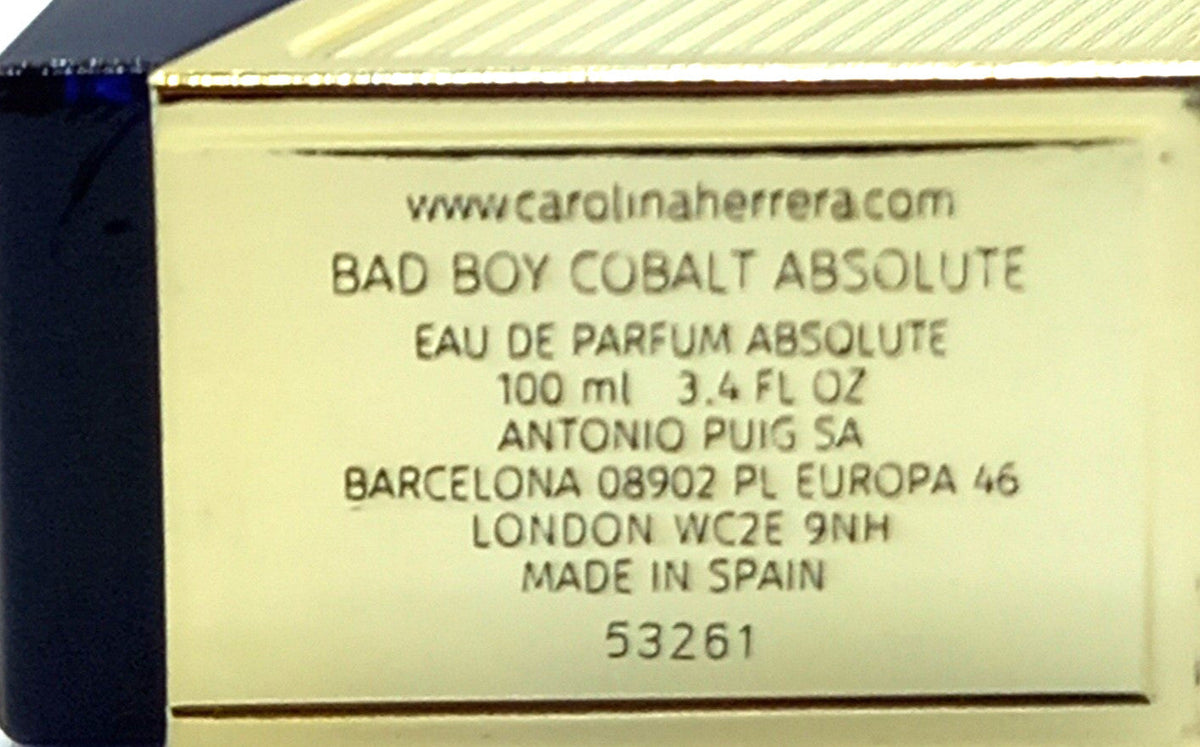 CAROLINA HERRERA BAD BOY COBALT ABSOLUTE EAU DE PARFUM SPRAY MEN 3.4 Oz / 100 ml