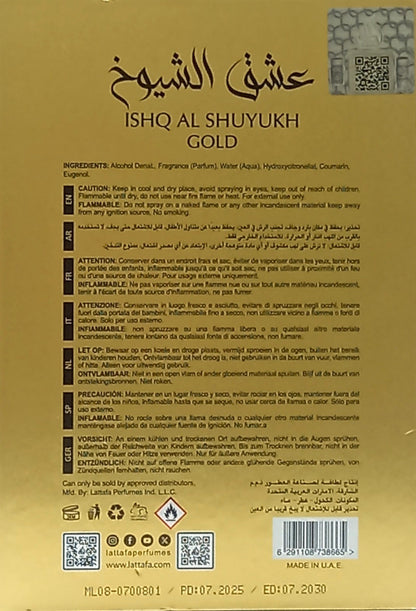 LATTAFA PRIDE ISHQ AL SHUYUKH GOLD EAU DE PARFUM SPRAY UNISEX 3.4 Oz / 100 ml