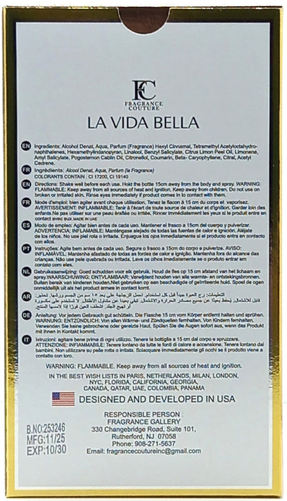 FRAGRANCE COUTURE LA VIDA BELLA EAU DE PARFUM SPRAY FOR WOMEN 3.4 Oz / 100 ml