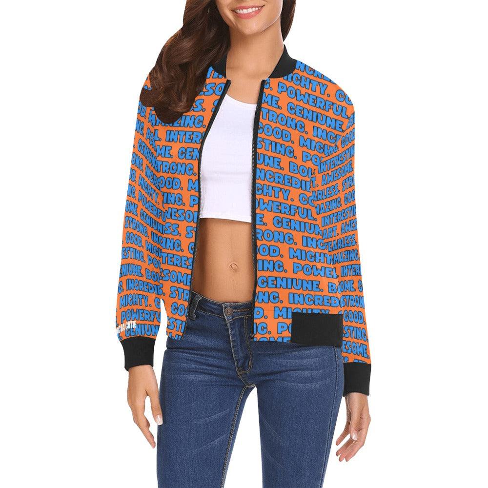 I Am Affirmations Cocoa Cutie Bomber Jacket(Women and Kid's Sizes) - BOY Orange/Blue