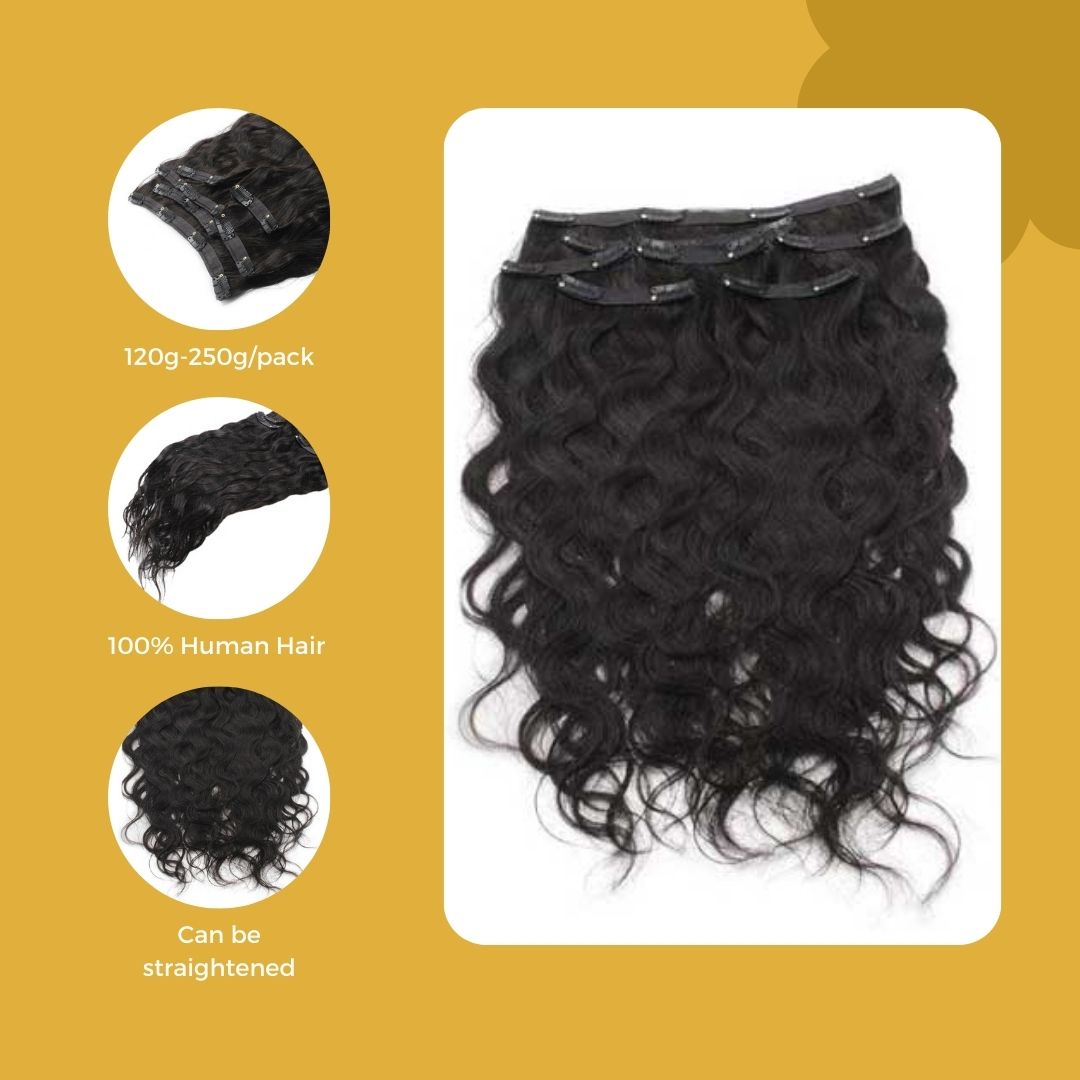 Natural Wave Clip In Hair Extensions - 7 Pcs with a Free Eye Lash Extensions