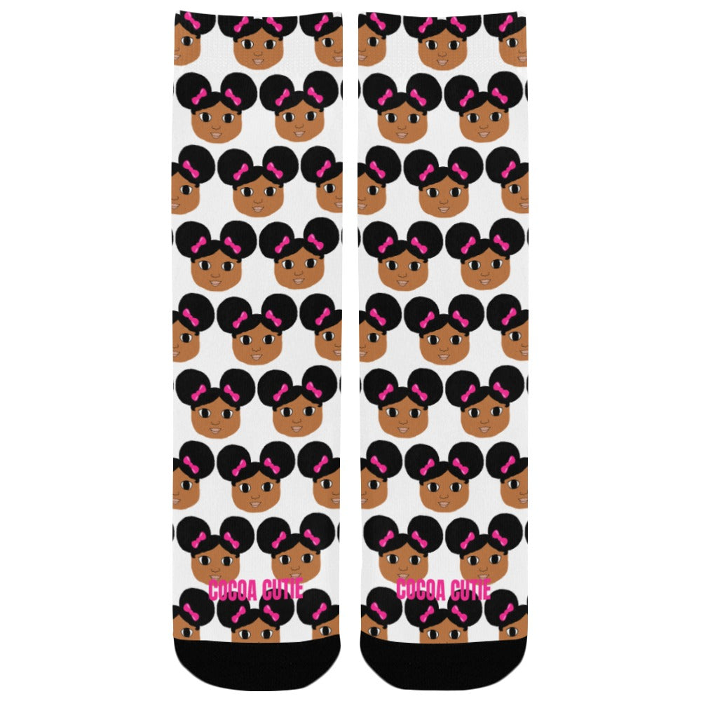 Afro Puffs and Pink Bows Cocoa Cutie Kid's Socks (Three Skin Tones)