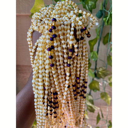 White and dark purple with metallic accent Waist-beads