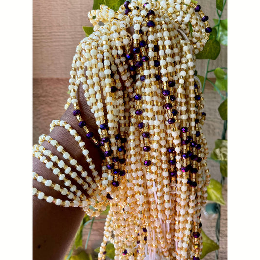 White and dark purple with metallic accent Waist-beads