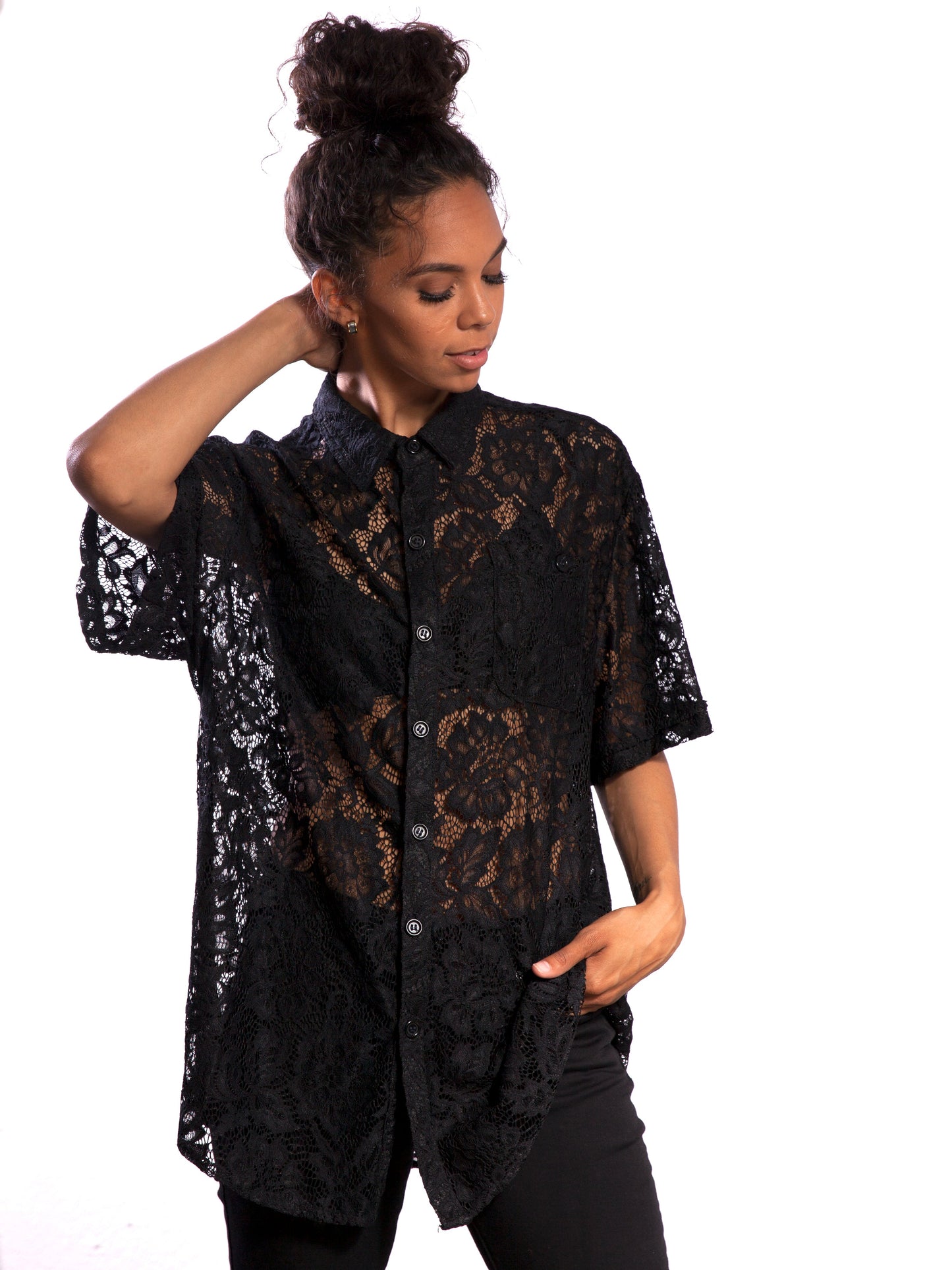 LACE SHORT SLEEVE BUTTON DOWN